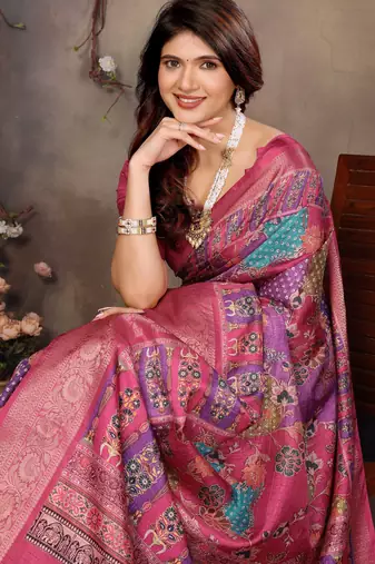 women's purple dola silk blend digital print saree with unstitched blouse piece