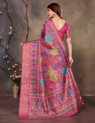 women's purple dola silk blend digital print saree with unstitched blouse piece 3