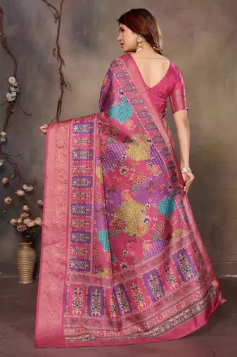 women's purple dola silk blend digital print saree with unstitched blouse piece