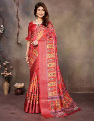 women's red dola silk blend digital print saree with unstitched blouse piece 1