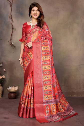 women's red dola silk blend digital print saree with unstitched blouse piece