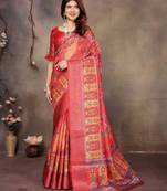 women's red dola silk blend digital print saree with unstitched blouse piece