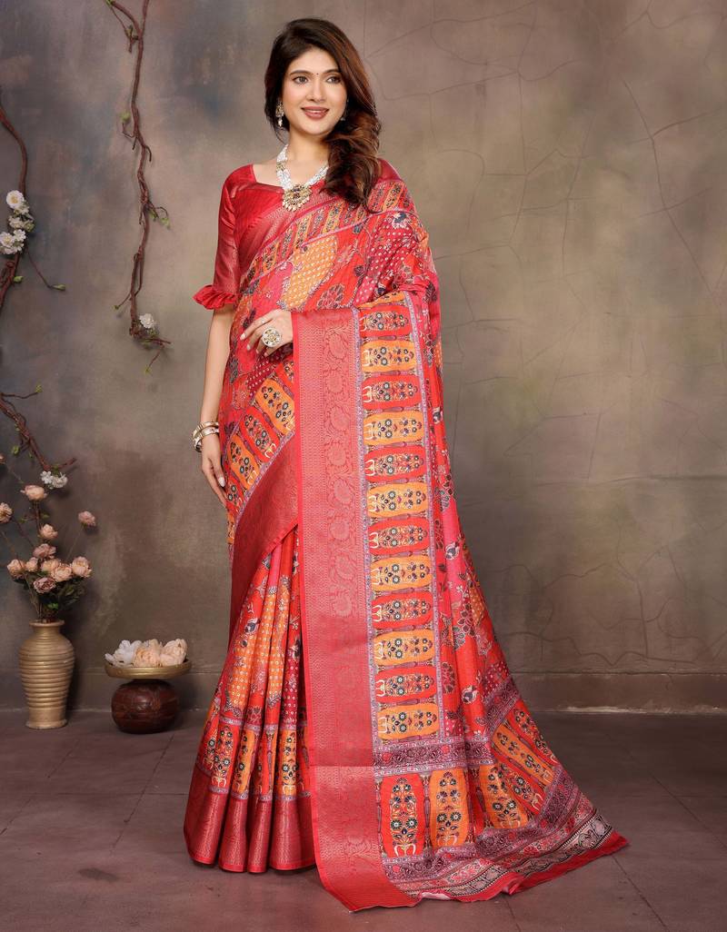 women's red dola silk blend digital print saree with unstitched blouse piece