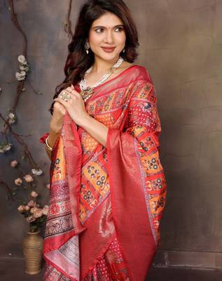 women's red dola silk blend digital print saree with unstitched blouse piece 2