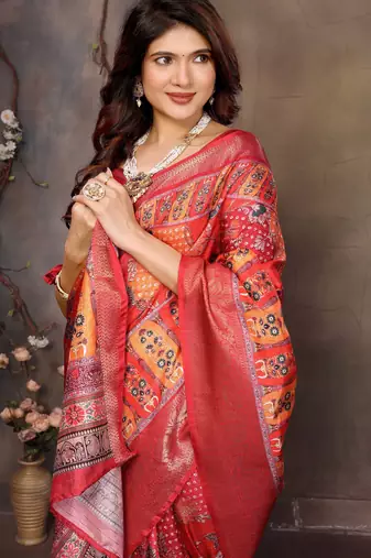 women's red dola silk blend digital print saree with unstitched blouse piece