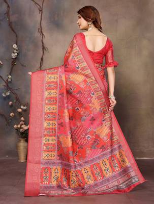 women's red dola silk blend digital print saree with unstitched blouse piece 3