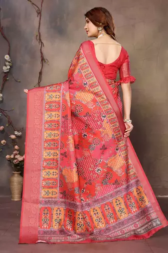 women's red dola silk blend digital print saree with unstitched blouse piece