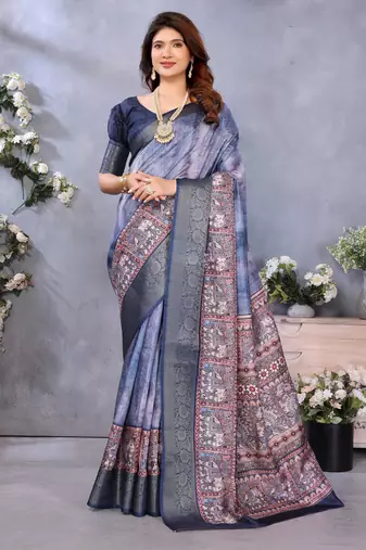 women's blue dola silk blend digital print saree with unstitched blouse piece