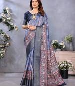 women's blue dola silk blend digital print saree with unstitched blouse piece