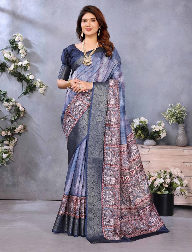 women's blue dola silk blend digital print saree with unstitched blouse piece