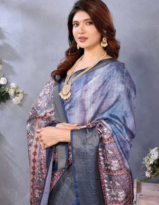women's blue dola silk blend digital print saree with unstitched blouse piece 2