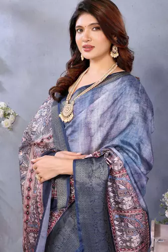women's blue dola silk blend digital print saree with unstitched blouse piece