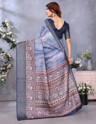 women's blue dola silk blend digital print saree with unstitched blouse piece 3