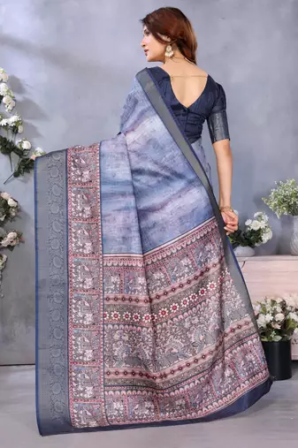 women's blue dola silk blend digital print saree with unstitched blouse piece