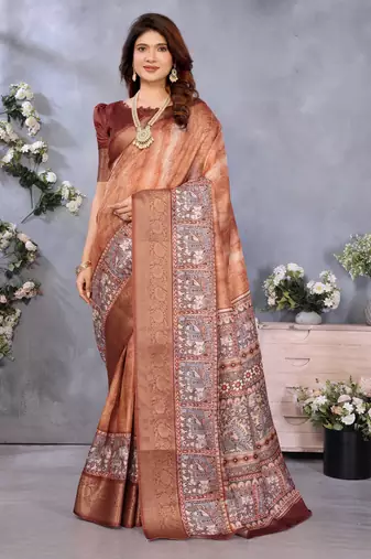 women's brown dola silk blend digital print saree with unstitched blouse piece