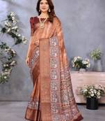 women's brown dola silk blend digital print saree with unstitched blouse piece