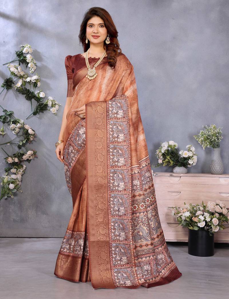 women's brown dola silk blend digital print saree with unstitched blouse piece