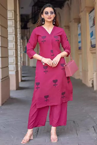 Floral Embroidered V-Neck Thread Work Straight Kurta With Palazzo