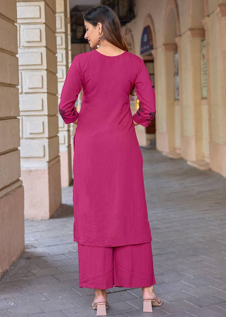 Floral Embroidered V-Neck Thread Work Straight Kurta With Palazzo