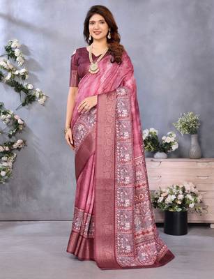 women's maroon dola silk blend digital print saree with unstitched blouse piece 1
