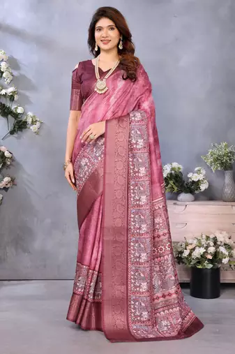 women's maroon dola silk blend digital print saree with unstitched blouse piece