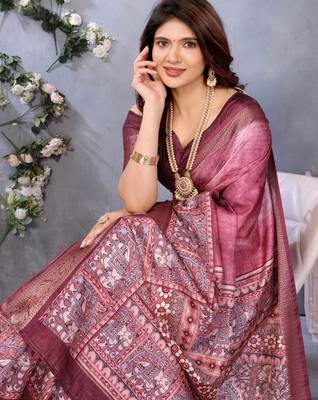 women's maroon dola silk blend digital print saree with unstitched blouse piece 2
