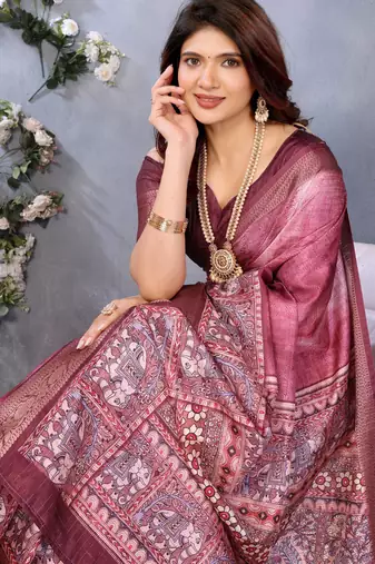 women's maroon dola silk blend digital print saree with unstitched blouse piece