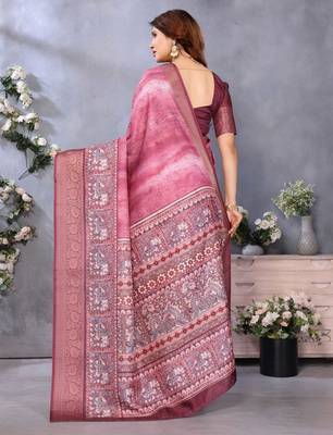 women's maroon dola silk blend digital print saree with unstitched blouse piece 3