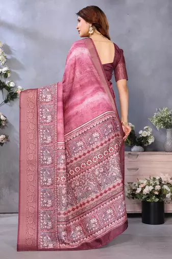 women's maroon dola silk blend digital print saree with unstitched blouse piece