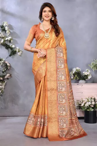 women's mustard dola silk blend digital print saree with unstitched blouse piece