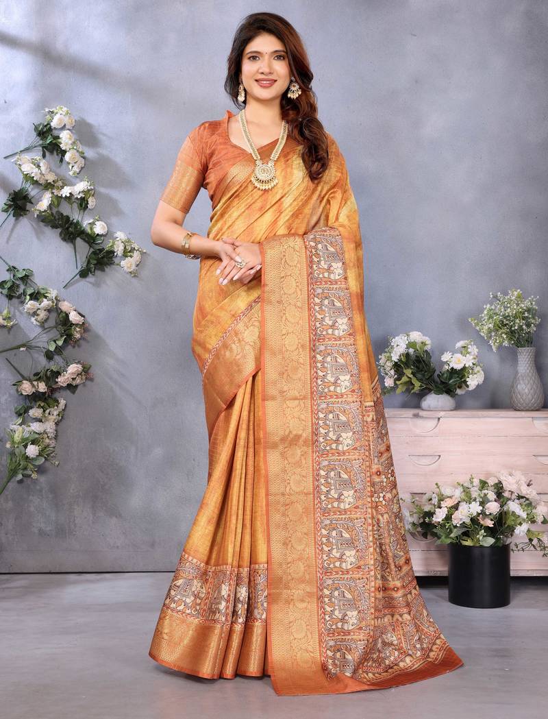 women's mustard dola silk blend digital print saree with unstitched blouse piece