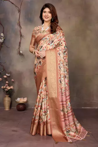 women's cream dola silk blend digital print saree with unstitched blouse piece