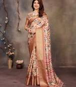 women's cream dola silk blend digital print saree with unstitched blouse piece