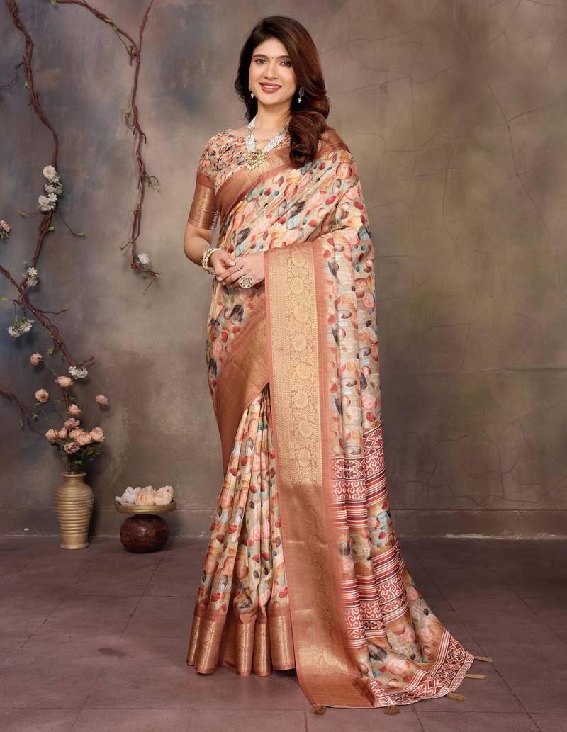 women's cream dola silk blend digital print saree with unstitched blouse piece