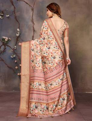 women's cream dola silk blend digital print saree with unstitched blouse piece 3
