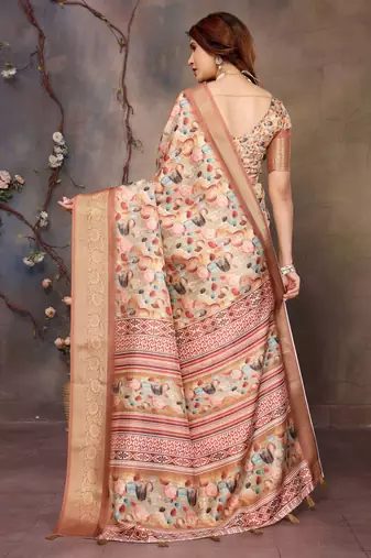 women's cream dola silk blend digital print saree with unstitched blouse piece