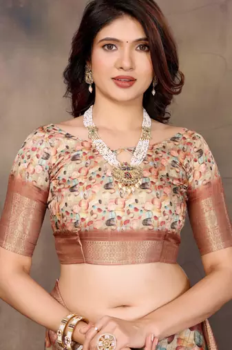 women's cream dola silk blend digital print saree with unstitched blouse piece
