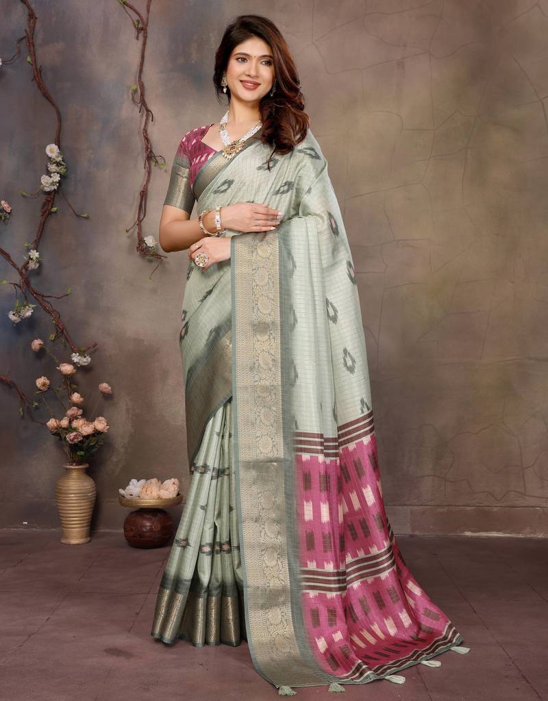 women's pista dola silk blend digital print saree with unstitched blouse piece