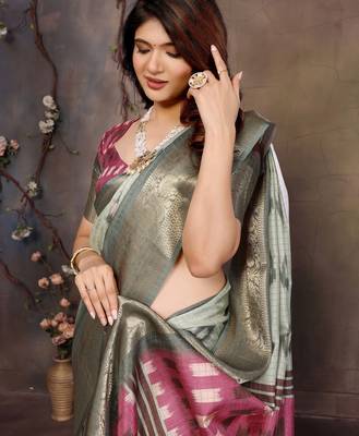 women's pista dola silk blend digital print saree with unstitched blouse piece 2