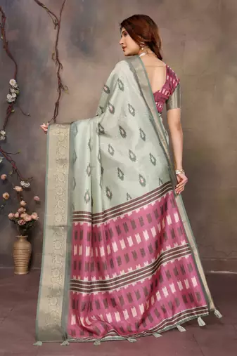 women's pista dola silk blend digital print saree with unstitched blouse piece