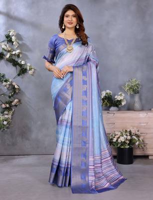 women's blue dola silk blend digital print saree with unstitched blouse piece 1