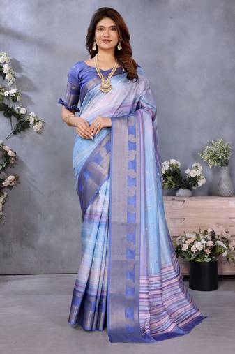 women's blue dola silk blend digital print saree with unstitched blouse piece