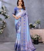 women's blue dola silk blend digital print saree with unstitched blouse piece