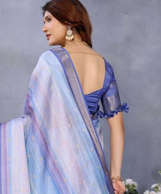 women's blue dola silk blend digital print saree with unstitched blouse piece 3