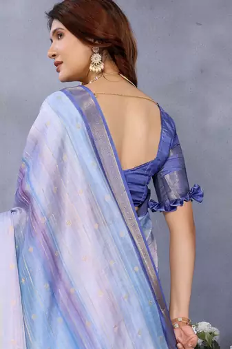 women's blue dola silk blend digital print saree with unstitched blouse piece