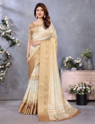 women's cream dola silk blend digital print saree with unstitched blouse piece 1
