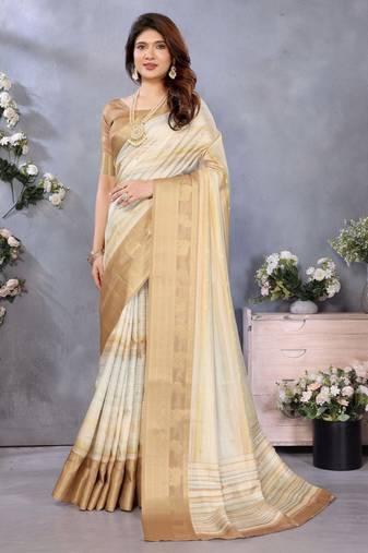 women's cream dola silk blend digital print saree with unstitched blouse piece