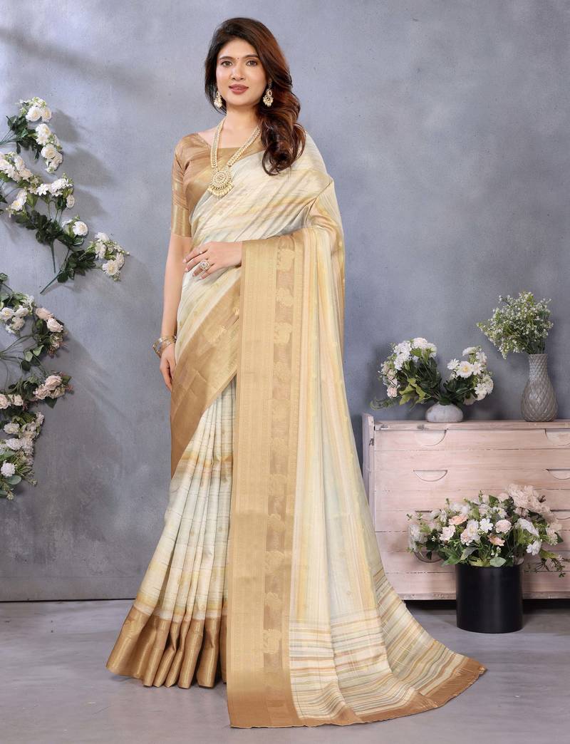 women's cream dola silk blend digital print saree with unstitched blouse piece