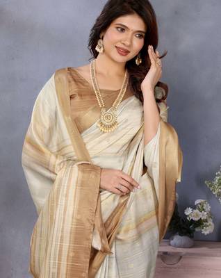 women's cream dola silk blend digital print saree with unstitched blouse piece 2