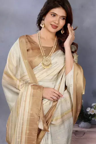 women's cream dola silk blend digital print saree with unstitched blouse piece
